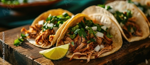 Pork carnitas tacos on a cutting board with onion and cilantro. Copy space image. Place for adding text
