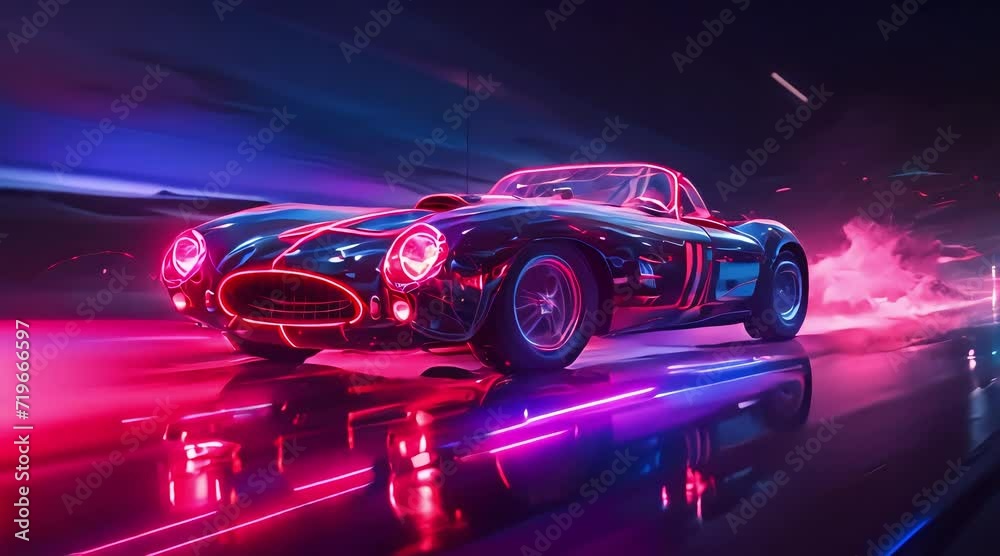 Old painting of a sports car with neon lights (mov) made with Ai generative technology Old painting of a sports car with neon lights (mov) made with Ai generative technology