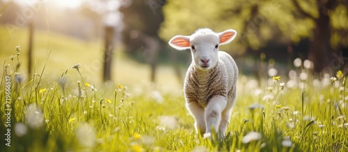 Small cute lamb gambolling in a meadow in a farm. Copy space image. Place for adding text