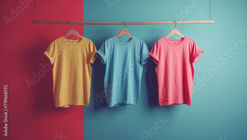 plain t-shirts of different colors hang on a hanger