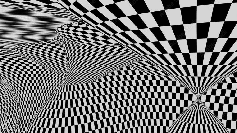 Black and white squares.Psychedelic optical illusion. Abstract hypnotic animated background. Checkered geometric looping monochrome wallpaper. Checked pattern.