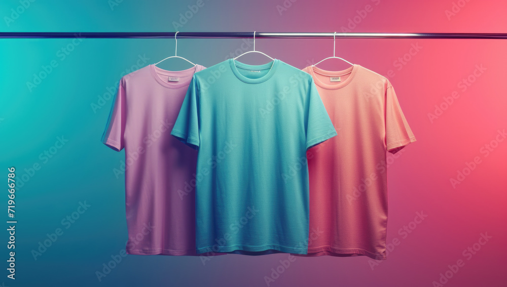 plain t-shirts of different colors hang on a hanger plain t-shirts of different colors hang on a hanger
