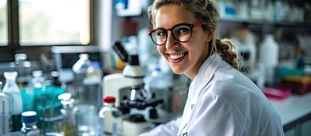 Young medical student doing research in the clinical lab she is smiling and looking at camera. Copy space image. Place for adding text Young medical student doing research in the clinical lab she is smiling and looking at camera. Copy space image. Place for adding text