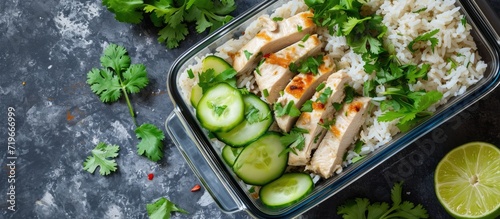 Roasted chicken rice shao ji fan siew gai fan with cucumber and coriander in a glass transparent lunchbox. Copy space image. Place for adding text photo