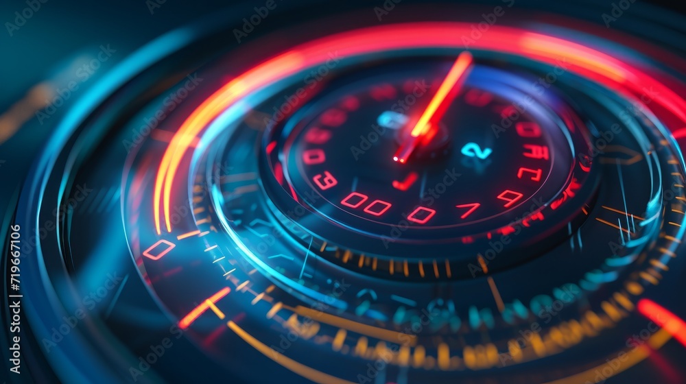 Download progress bar or round indicator of web speed. Sport car speedometer for hud background. Gauge control with numbers for speed measurement. Analog tachometer, high performance theme - obrazy, fototapety, plakaty 