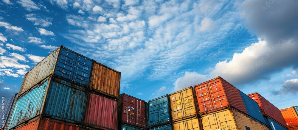 Fototapeta premium Stacked color cargo containers over the blue sky with clouds. Copy space image. Place for adding text