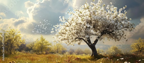 Tree blooming in spring with a bible verse form the book of James. Copy space image. Place for adding text photo