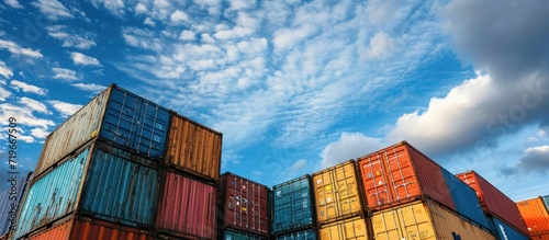 Stacked color cargo containers over the blue sky with clouds. Copy space image. Place for adding text photo