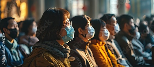 People go to church for Sunday prayers people wearing masks praying and standing apart new normal social distancing Coronavirus outbreak and coronaviruses influenza. Copy space image