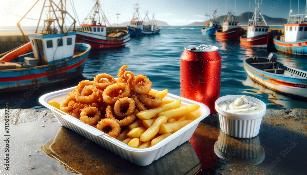 Calamari coated in bread crumbs deep fried with French fries, take away