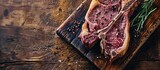 Raw dry aged wagyu porterhouse beef steak with large fillet piece as closeup on a black burnt wooden board with copy space. Copy space image. Place for adding text