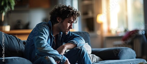Young man having heartache mental pain sit on sofa at home looks into distance thinks suffers experiences break up or divorce feels cheated and upset Life troubles quarrel debt and crisis photo