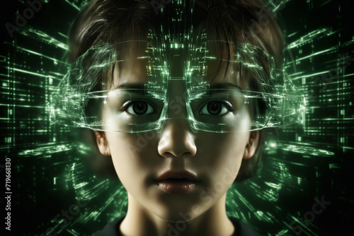 portrait of a girl in glasses with green holography around her face on a dark background, looks like a hacker, particles of light, cybernetics, science fiction concept and cyber art