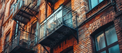 Small clean cozy glass balcony with windows city apartment red brick wall building. Copy space image. Place for adding text photo