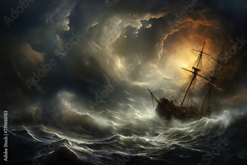 the sailboat sails through a stormy sea, a dark dramatic sky with gloomy clouds