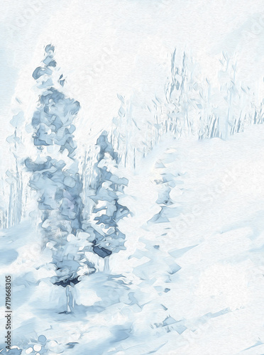Impressionistic Monochromatic Winter Forest Scene with Snowy, Icy Path - in Blue- Art, Artwork, Digital Painting, Illustration, Design with Canvas Texture