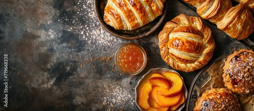 Puff pastry with peach jelly Layout on the buffet table Crispy dough Fresh baked goods. Copy space image. Place for adding text photo