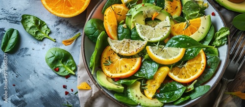 Zesty Orange Spinach and Avocado Topview Salad. Copy space image. Place for adding text
