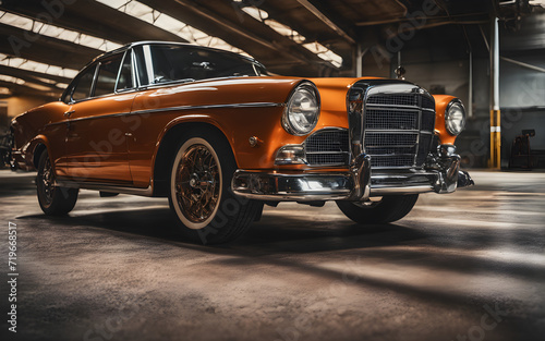 Closeup on a vintage car parked at outdoor parking lot