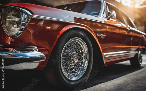 Closeup on a vintage car parked at outdoor parking lot © julien.habis