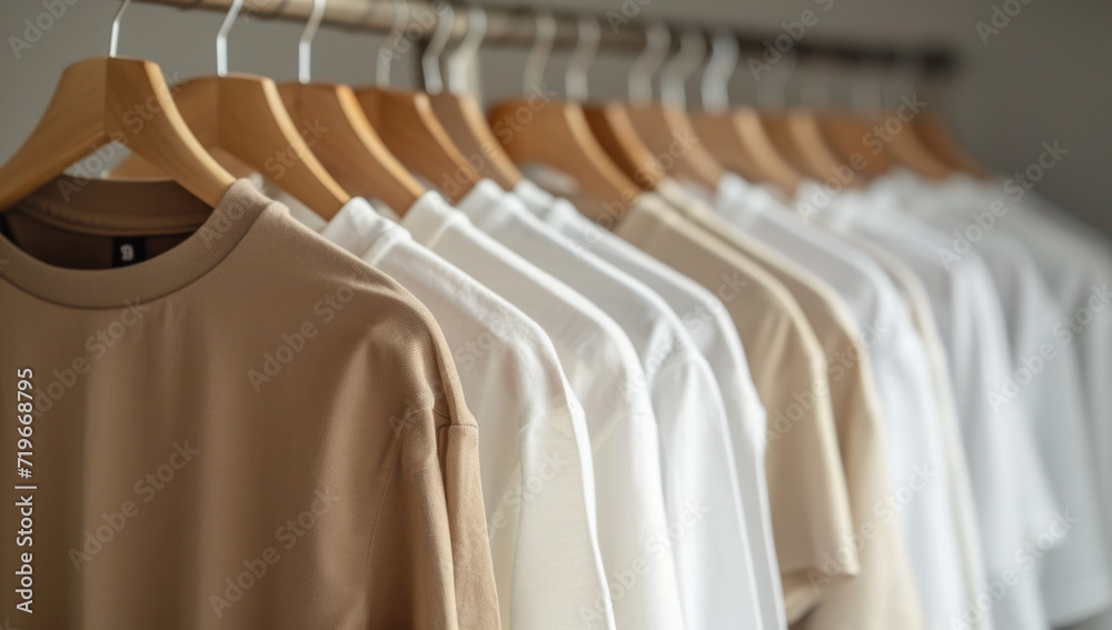 Obraz premium a row of white, beige, and brown tee shirts hanging