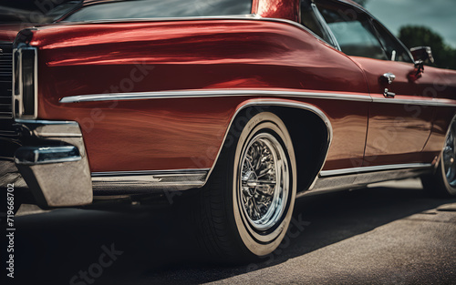 Closeup on a vintage car parked at outdoor parking lot