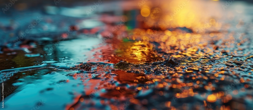 Texture of colorful petrol oil spill on wet pavement Slick industry oil fuel spilling water pollution. Copy space image. Place for adding text Texture of colorful petrol oil spill on wet pavement Slick industry oil fuel spilling water pollution. Copy space image. Place for adding text