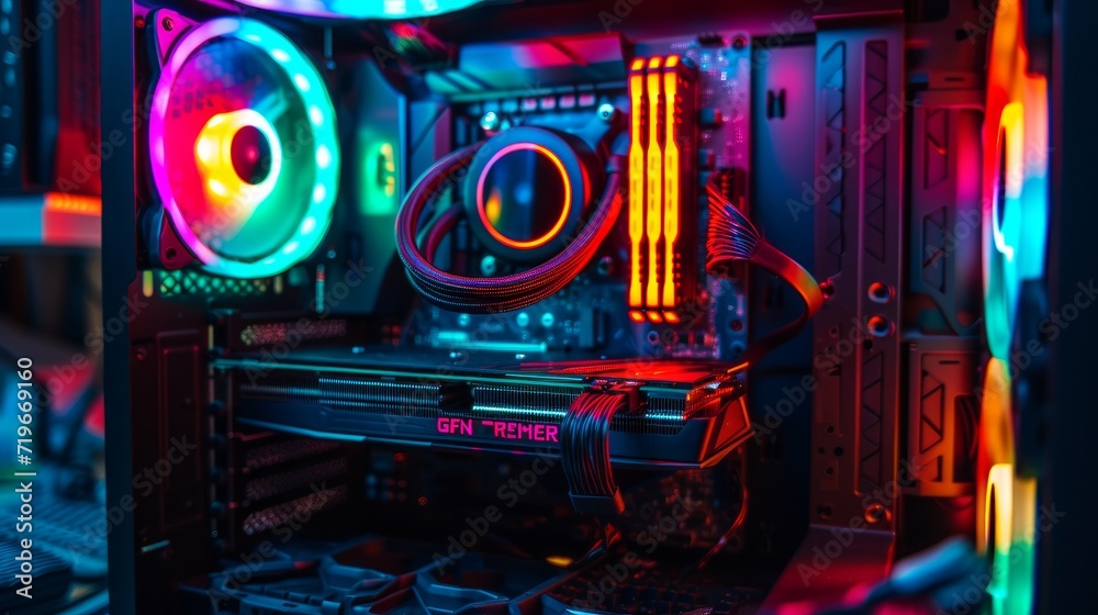 Gaming PC with RGB LED lights on a computer, assembled with hardware components - obrazy, fototapety, plakaty 
