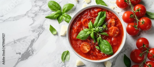 Tomato sauce in a bowl chunks of Parmesan cheese fresh green basil twigs of fresh cherry tomatoes. Copy space image. Place for adding text