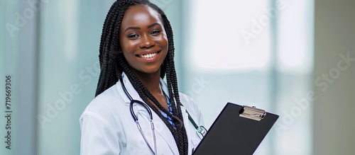 Young professional female black doctor with braided updo hair holds clipboard and wears a lab coat while smiling and looking to the right. Copy space image. Place for adding text