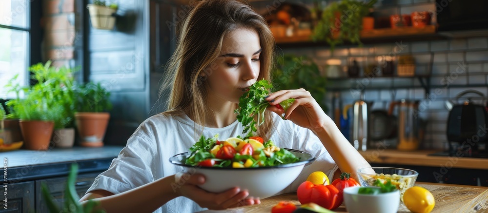 Young woman eating fresh salad in modern kitchen. Copy space image. Place for adding text