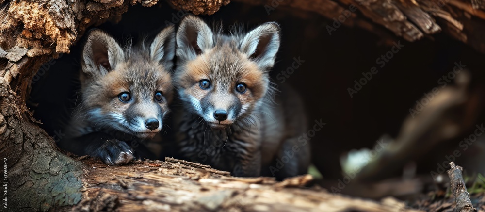 Twin baby fox watching from a hollow log. Copy space image. Place for adding text Twin baby fox watching from a hollow log. Copy space image. Place for adding text