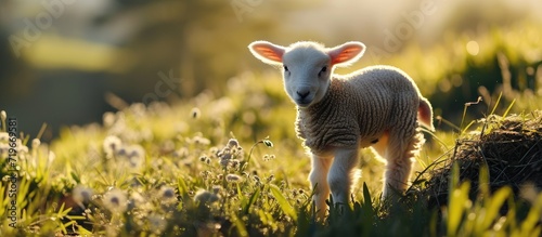 Small cute lamb gambolling in a meadow in a farm. Copy space image. Place for adding text