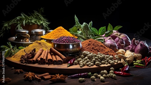Beautiful frame with edges of cooking herbs and placers spices in wooden dishes and without realistic photo