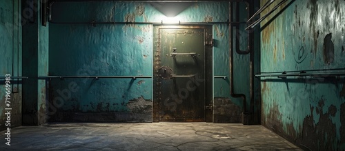 Steel armored hermetic door in the Soviet bomb shelter. Copy space image. Place for adding text photo