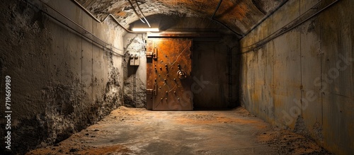 Steel armored hermetic door in the Soviet bomb shelter. Copy space image. Place for adding text photo