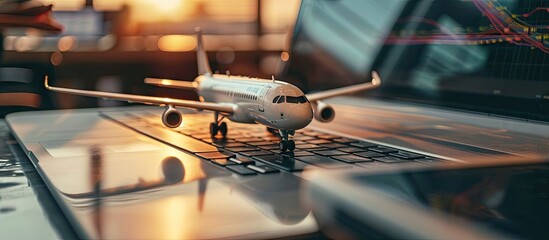 White model of airplane and persons on laptop keyboard Introduction to global aviation related things can be done online at hand ticket booking flight schedule tracking shipping. Copy space image