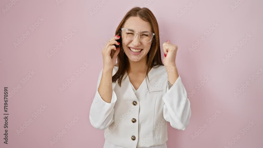 Joyful win! young brunette gal chatting on phone, celebrating cheery success over isolated pink background Joyful win! young brunette gal chatting on phone, celebrating cheery success over isolated pink background