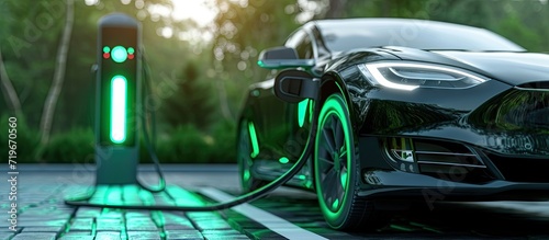 Plug the charger to power To vehicles that use electric power to drive green light status full battery. Copy space image. Place for adding text