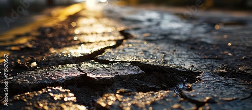 The texture of cracked old asphalt in need of repair The road is full of holes and potholes. Copy space image. Place for adding text