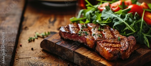 Sliced grilled beef barbecue Striploin steak and salad with tomatoes and arugula on cutting board close up. Copy space image. Place for adding text photo
