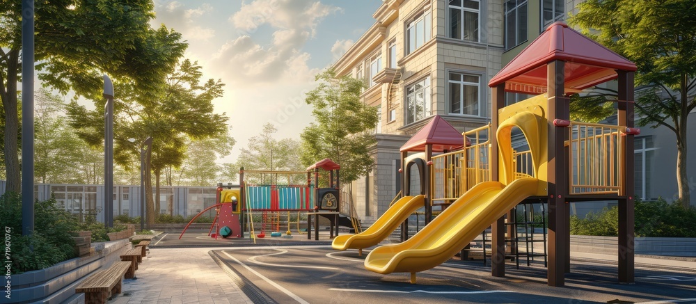 Public school building Exterior view of school building with playground. Copy space image. Place for adding text Public school building Exterior view of school building with playground. Copy space image. Place for adding text