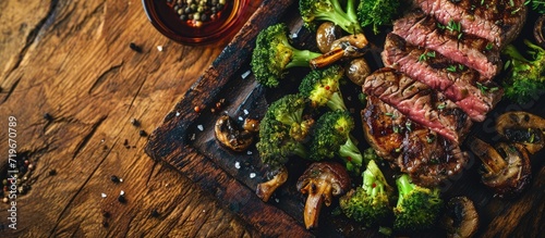 seared ribeye steak with broccoli and sauteed mushrooms. Copy space image. Place for adding text