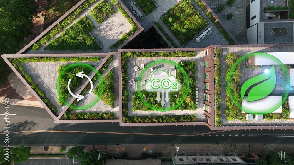 Green sustainable rooftop garden in urban city with graphic of Recycle ...