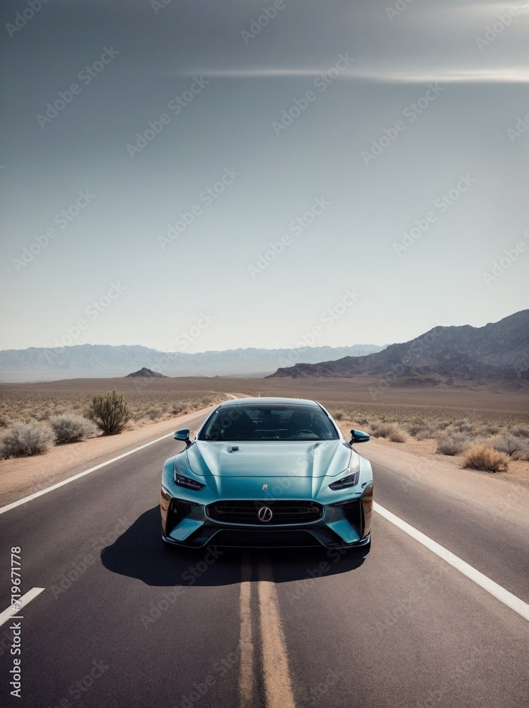 Blue Sports Car Driving Down Desert Road. Generative AI.