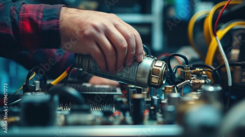 Maintenance and cleaning of the insides of the computer. Man's hand holds a cylinder of compressed air and cleans the insides of the computer