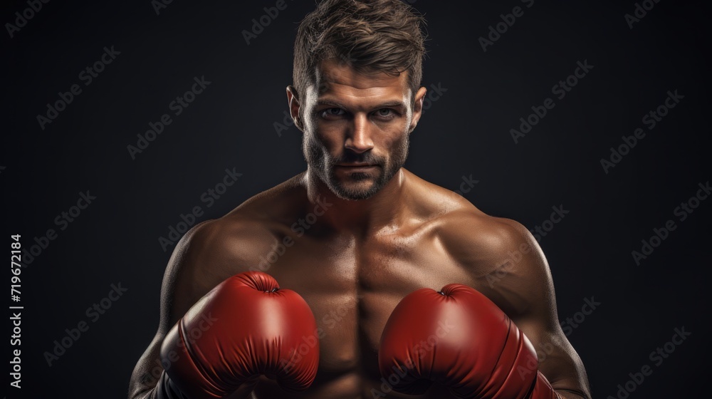 Serious male boxer in a red boxing gloves ready for a match. Concept of strength, determination, and readiness for competition in boxing.