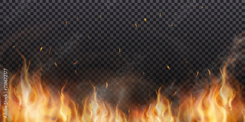 Burning flames with flying sparks and smoke texture isolated on a transparent background. Vector illustration