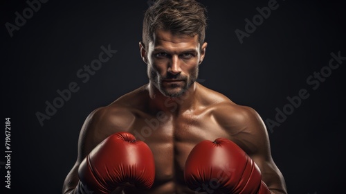 Serious male boxer in a red boxing gloves ready for a match. Concept of strength, determination, and readiness for competition in boxing.