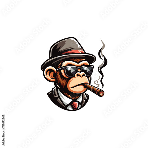 MONKEY WITH CIGAR, GLASSES AND HAT MASCOT ILLUSTRATION VECTOR